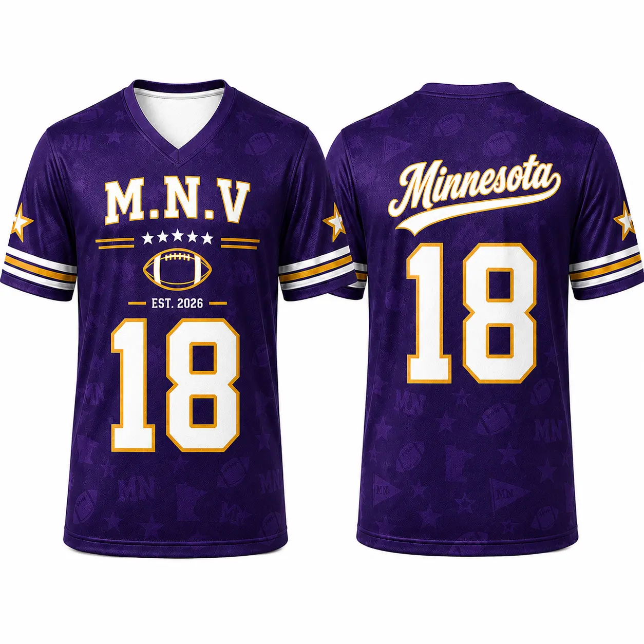 M.N.V 18 Football Style Jersey Shirt for Men Women, Purple Gold V-Neck Sports Tee, Original Game Day Athletic Top with Number Graphic, Short Sleeve Streetwear Shirt for Tailgate, Outdoor Activities and Casual Wear