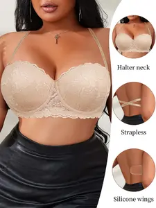 Plus Size Women's convertible Chic elegant lace breathable bra, strapless halter neck push-up bra with silicone support, suitable for party dresses.