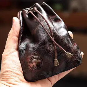 Japanese Style Handmade Genuine Soft Leather Coin Purse, Minimalist Women's Key Pouch, Multifunctional Vegetable Tanned Leather Waist Bag, Casual Mini Hanging Bag for Men Daily Outdoor