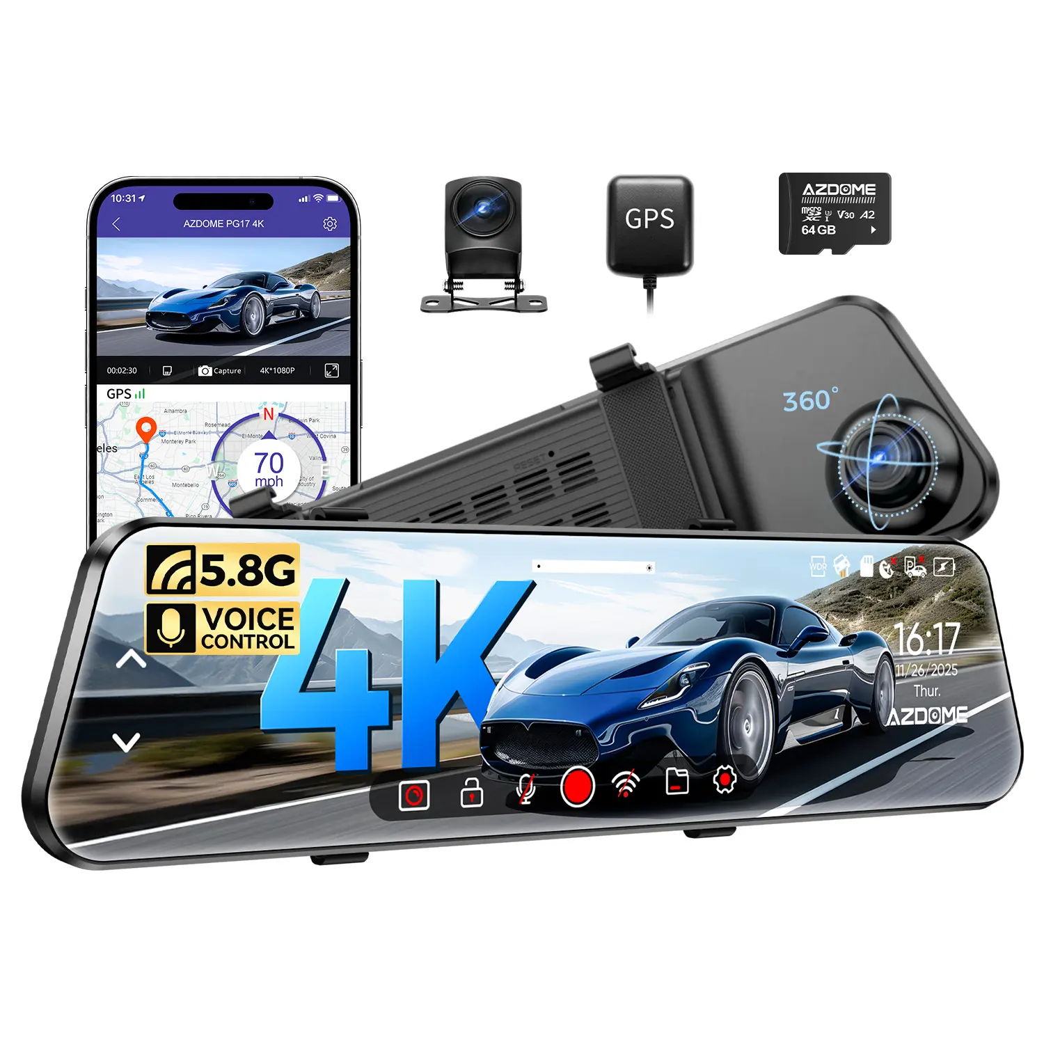 AZDOME PG17 12" 4K Mirror Dash Cam with WiFi & GPS, Front 4K + Rear 1080P Dual Smart Backup Camera, Hands-Free Voice Control, Anti-Glare Screen, G-Sensor, Free 64GB Card Included