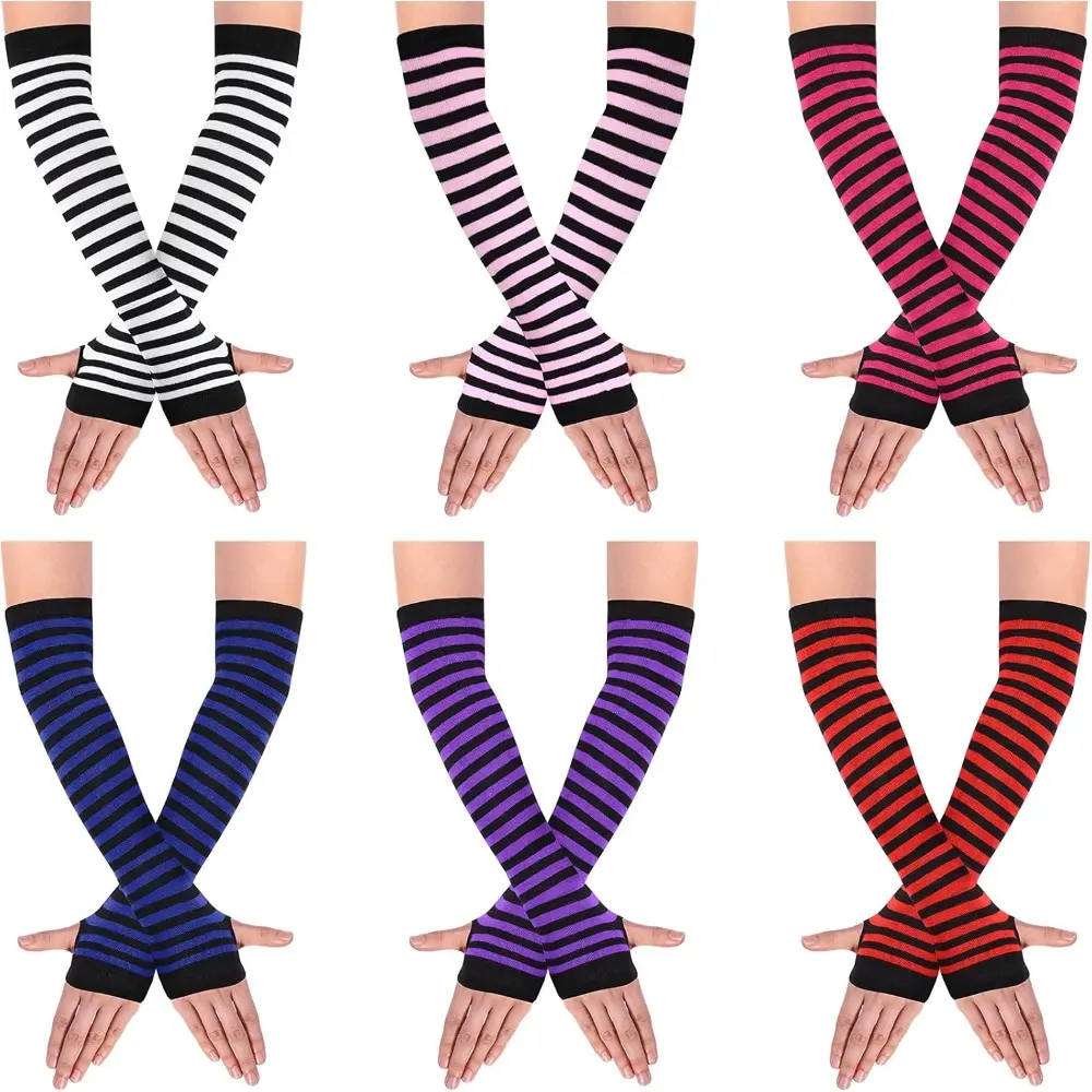 Women's Long Arm Warmers, 4/6 Pairs Casual Striped Knit Hand Warmer Gloves with Thumb Hole, Breathable for Outdoor Activities, Female, Elastic, Fingerless, 6Pairs, Indoor Activities, Gloves Bulk, Hand Cover, Polyester Knit, Includes Gloves