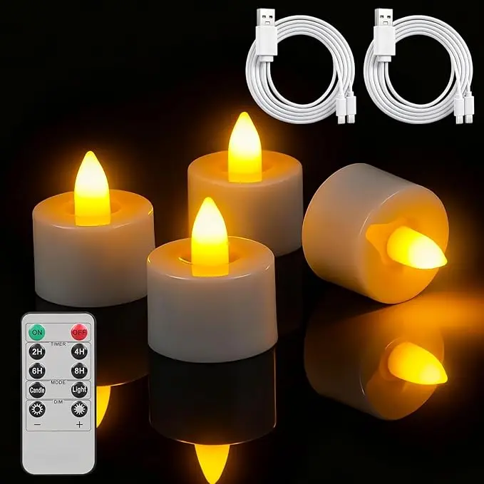 Rechargeable LED Tea Lights (4/12 Pcs) with Multi-Port Charging Base & Remote Timer - Dimmable Flameless Flickering Candles for Christmas, Halloween, Weddings & Parties