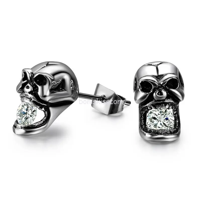 Vintage Gothic Skull CZ Siver Tone Stainless Steel Stud Earrings for Men 2pcs