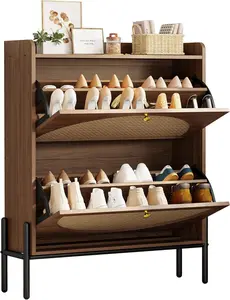 Shoe Cabinet Storage with 2 Flip Drawers, Free Standing Wooden Shoe Storage Organizer Cabinet with Rattan Doors for Entryway, Narrow Shoe Rack Cabinet, Walnut