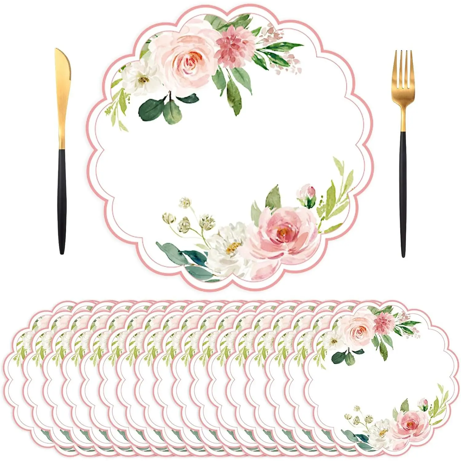 50-Pack Thick BPA-Free Disposable Paper Placemats, 13.7in Flowers Print Stainproof Table Protection, 13.5in Diameter, Rectangular/Square/Shaped Tableware, Mother’s Day Party Gift