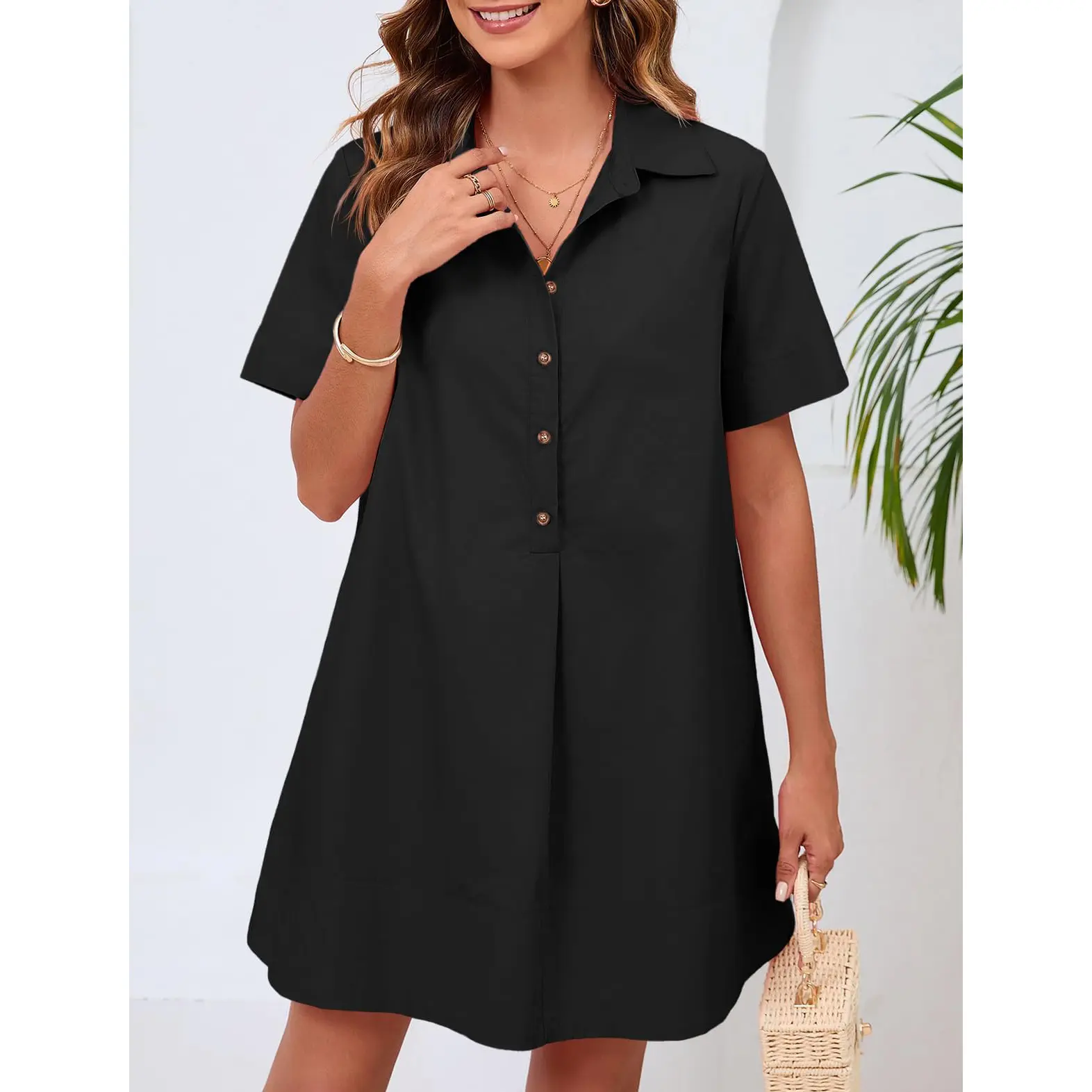 Wenrine Women's Button Down Shirt Dress Oversized Casual Short Sleeve Collared V Neck Party Flowy Summer Mini Dresses Womenswear Soft
