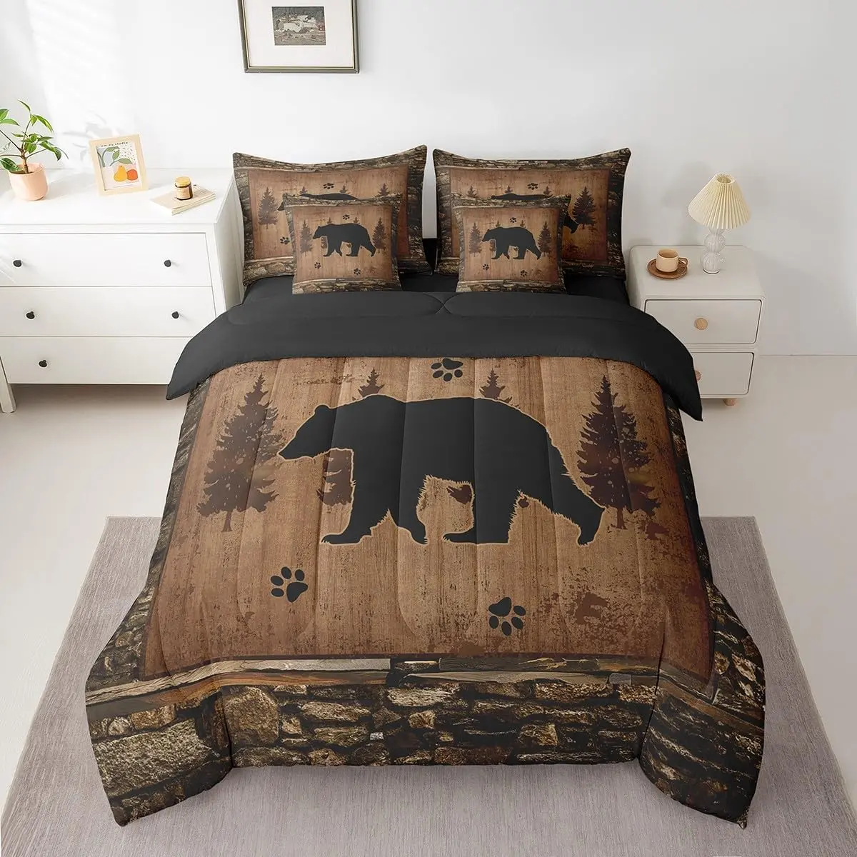 Feelyou 7-Piece Rustic Bear Bedding Set - Bear Comforter with Bed Sheet Sets, Cabin Lodge Brown Bedroom Bedding, Decorative Bedding for Cabin Themed Spaces, Bedroom Bedding Set