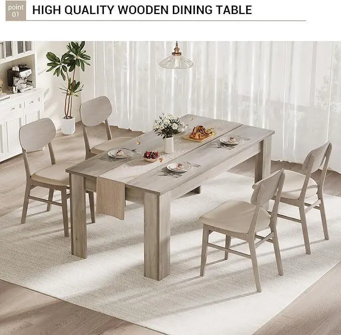 Gaomon Farmhouse Table Set - 63-Inch Wooden Rectangular Tabletop Dining Table, Seats 4-6, Assembly Required, Decorative Pebbles, Housewarming Gift, Suitable for Small Spaces & Apartments, Grey 18, Family Friendly, Desks, All Seasons