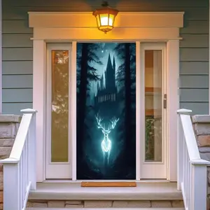 Classic Hogwarts Castle Backdrop Picture for Magical Decor, Illuminated Deer Nightscape, Reusable Polyurethane Fabric 70.87 x 35.43 Inches, Easy Install with 4 Copper Grommets