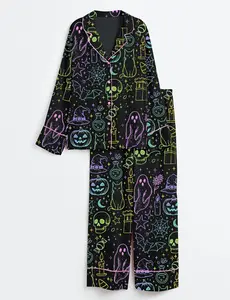 Women’s Halloween Neon Cute Boo Ghost Coquette Pajama, Spooky Season Horror Movie Horror Night Satin Pajama Set, Nighwear for Her