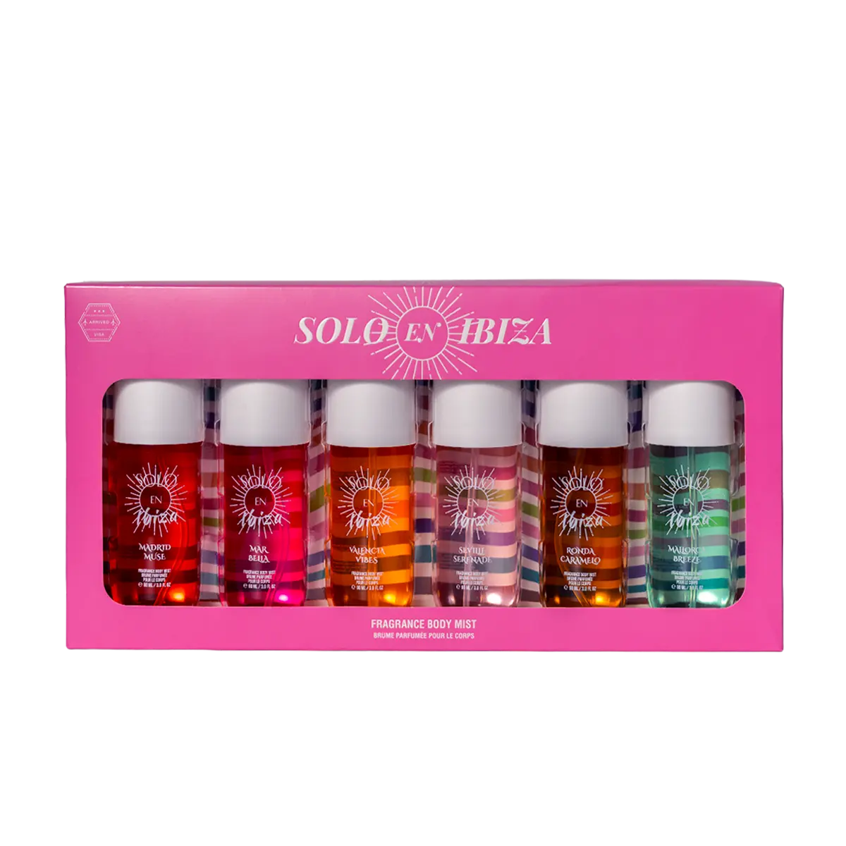 SOLO EN IBIZA Hair & Body Mist Gift Set - Cruelty-Free, Alcohol-Base, Perfume-Level Long-Lasting Fragrance Spray, 6 x 3 fl oz (90 ml) Multi-Pack with 6 Signature Fruity, Floral & Gourmand Scents, Aromatic Chic Gourmand, Fragrance Beauty Set