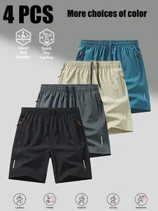 Men’s 4-Pack Summer Outdoor Sports Shorts, Quick-Dry Moisture-Wicking Fabric, Breathable, with Silver Reflective Stripes, Zipper Pockets, and Drawstring Waist, Sporty Outdoor Casual Style