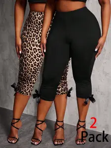 Women's 2-Pack Summer Seven-Quarter Pants, Leopard Print & Butterfly Knots, High-Waisted Elastic, Lady, Breathable Fabric, Versatile Casual Style