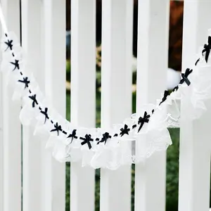 1Pc White Lace Garland Banner – Vintage Ruffled Fabric Bunting, Wedding Party Decoration, Romantic Boho Hanging Decor for Bridal Shower, Baby Shower, Birthday, Anniversary, Valentine’s Day, Home & Bedroom Aesthetic Decor