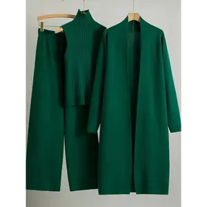 2025 newest suit high elasticity Women's loose suit, long wide-legged pants + shawl cardigan + turtleneck sweater fashion three-piece set Can be worn up to 70kg Suitable for female Can be used with raincoat（gift）