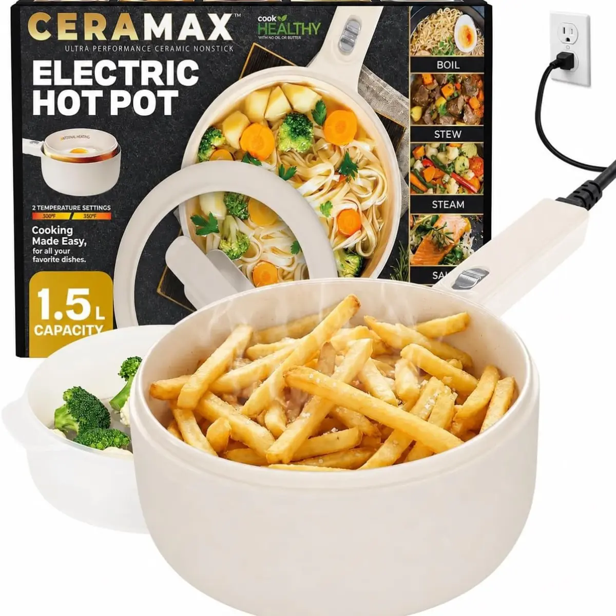CERAMAX PRO 1.5L Electric Hot Pot with Lid & Steamer - Adjustable Temp, Non-Toxic Ceramic Skillet for Ramen, Eggs, Pasta - Dorm, Camping Use - 2026 New Improved Model