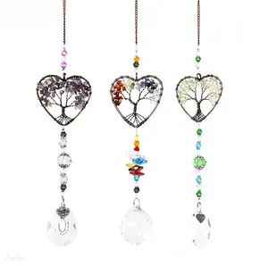 Heart Shaped Tree of Life Crystal Suncatcher Ornament, Natural Chip Stone Rainbow Prism Window Car Hanging Home Decor