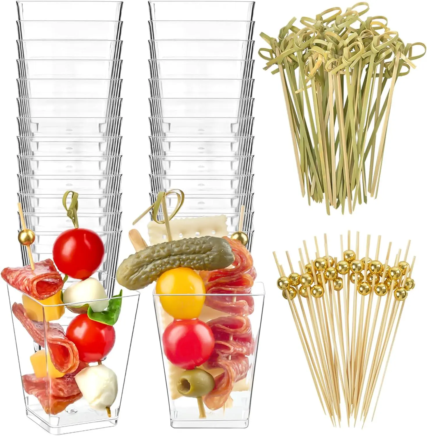 150 pcs transparent plastic cups and bamboo sticks set, including 50 mousse cups, 50 knotted bamboo sticks, and 50 gold bead sticks, suitable for parties, weddings, family gatherings, desserts, fruit skewers, appetizers, or cocktail decorations