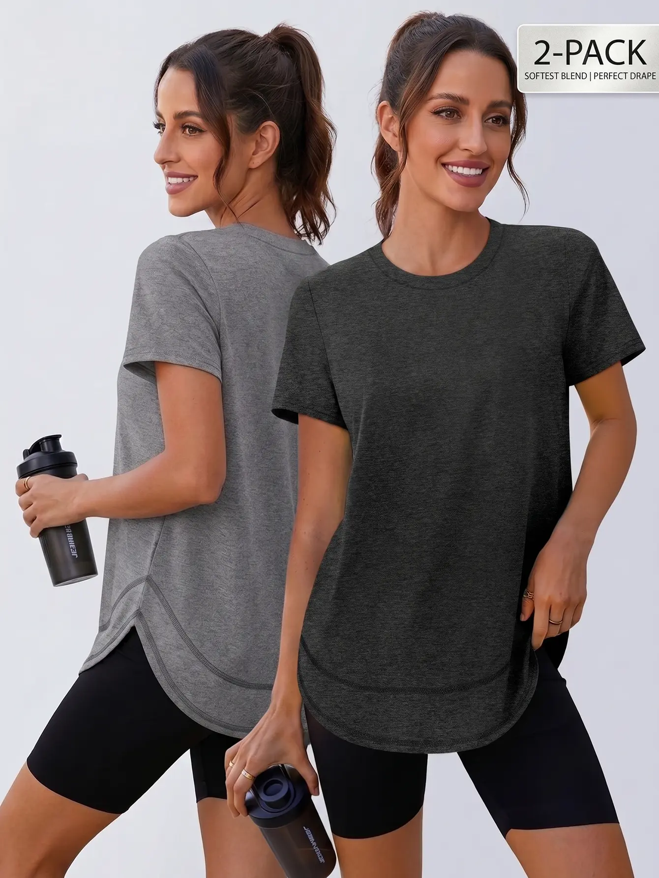 2-Pack Women's Loose Fit Workout T-Shirts Softest Blend Perfect Drape Gym Tops Curved Hem Short Sleeve Yoga Running Athletic Tees Multipack