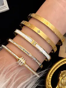 5pcs Elegant Zircon Stainless Steel Bracelet Set, 18k Gold Plated, Waterproof, Stackable Bracelets, Perfect for Women, Party, Daily Wear, Wedding Gifts