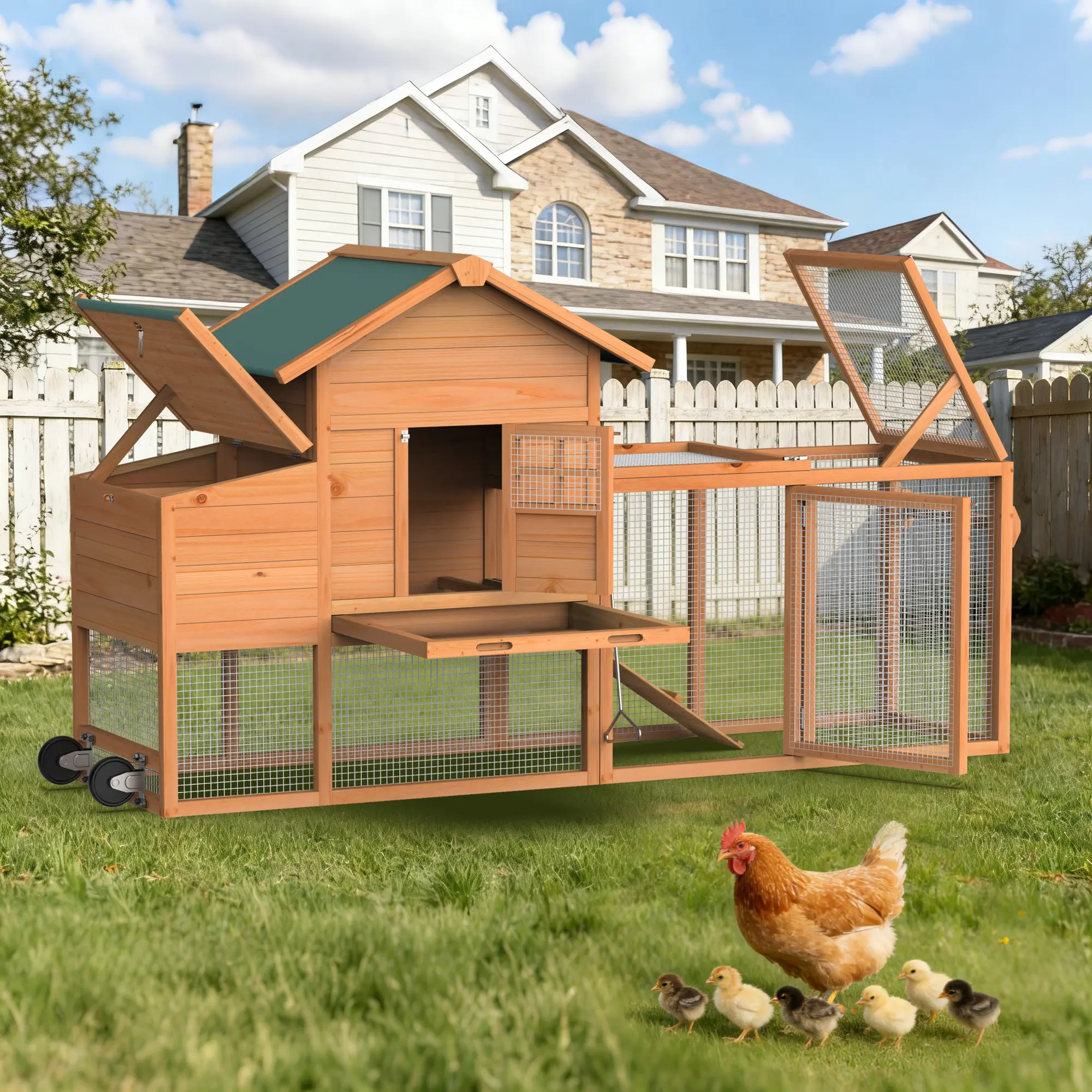 hicken Coop with Wheels & Handrail, Weatherproof Wooden Hen House, Removable Tray & Nesting Box, Ideal for Chickens, Ducks, Rabbits & Small Animals