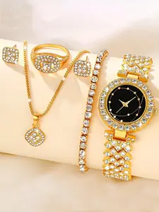 Women's Elegant Rhinestone Decorated Watch & Jewelry Set, Including Round Dial Watch & Pendant Necklace & Ring & Stud Earrings & Bracelet, Fashion Watch Set for Party, Daily Decor, Matching Jewelry Set