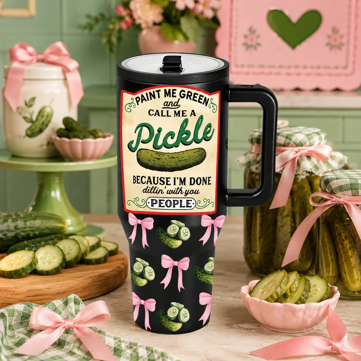 1 Pc 40oz Insulated Mug, Tumbler, Leak-Proof, Double Wall, Thermal Travel Mug, Funny Pickle Design, Cute Pink Bow, Hot & Cold Drinks, 12 Hours Hot, 24 Hours Cold, Gift Idea for Women & Men, Perfect for Picnic & Holiday