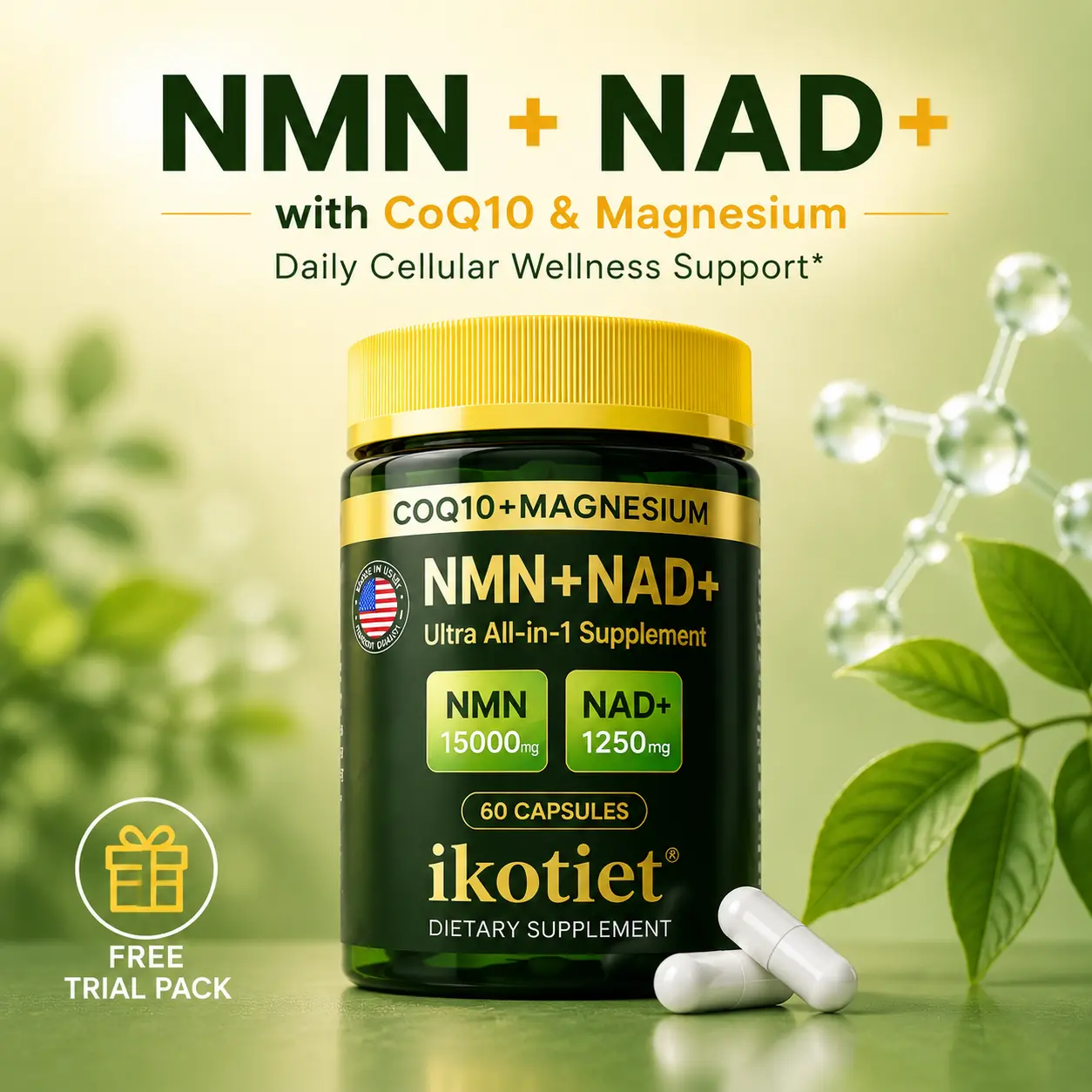 IKOTIET NMN & NAD+ Supplement with CoQ10 and Magnesium, Advanced 4-in-1 Daily Cellular Wellness Formula, Dietary Supplement Capsules for Women & Men |  60-120 Edible Dietary Capsules + Free Trial Pack