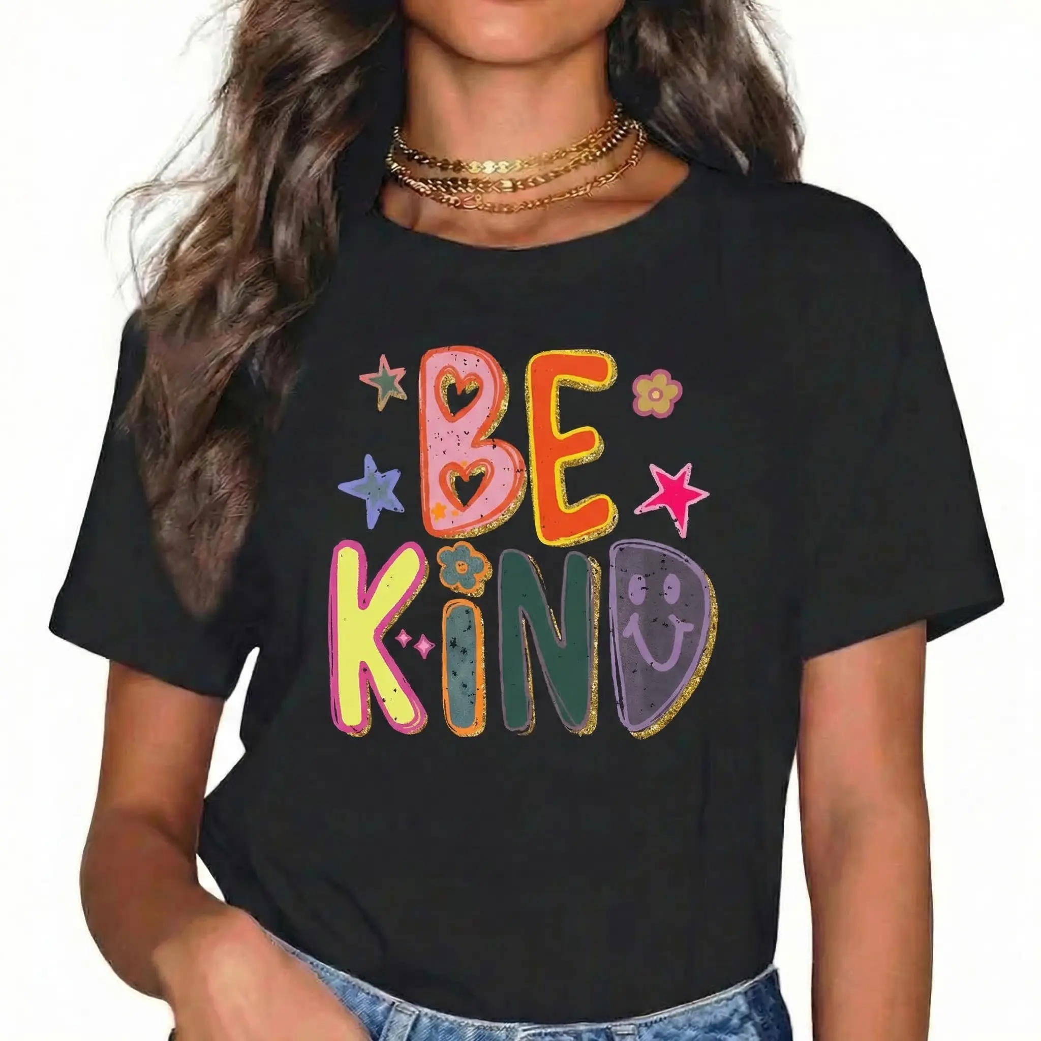 Women's "Be Kind" Graphic T-Shirt, Groovy Retro Smiley Face Print, Casual 100% Cotton Round Neck Short Sleeve Tee, Positive Vibes Oversized Fit