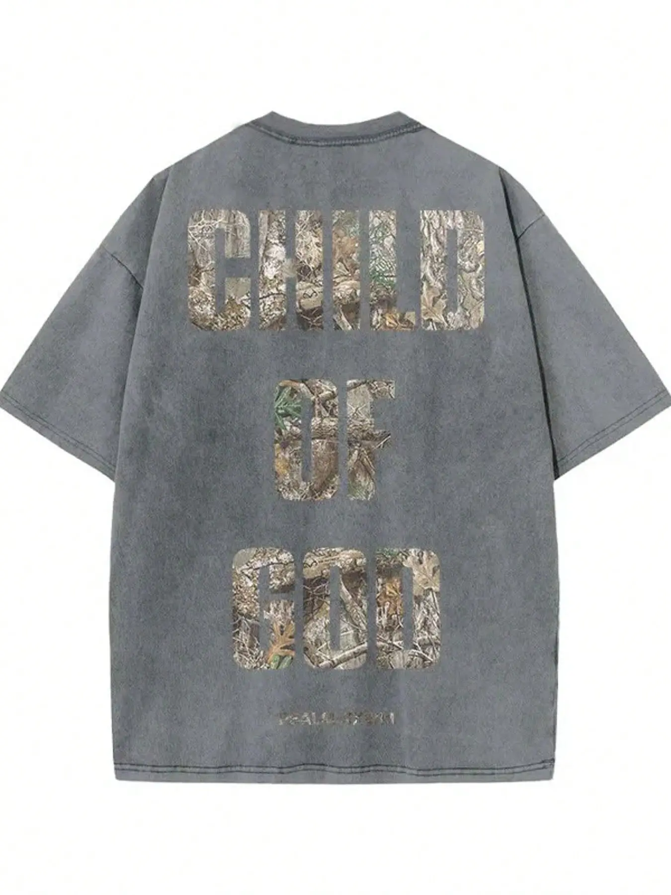 Women's Vintage Washed Gray Natural Fabric Short-Sleeve Oversized Cotton Crewneck Graphic T-Shirt, Child Of God Realtree Camo Faith Text Religious Streetwear Gift, Cargo Pants