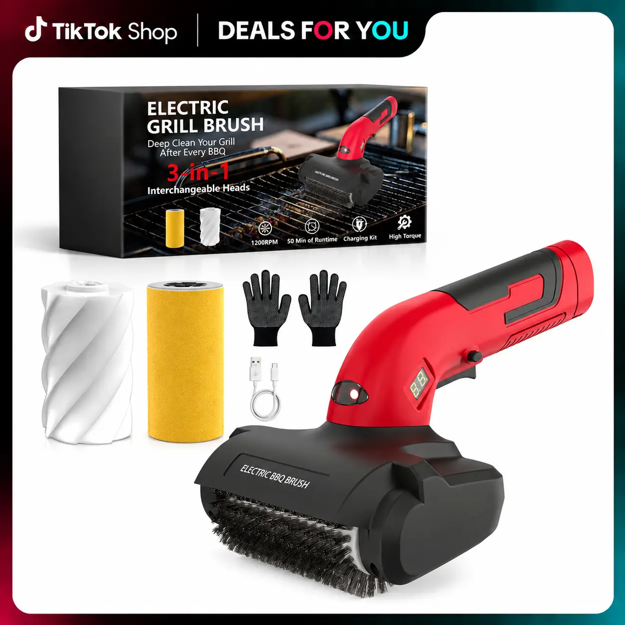Electric Grill Brush with LED Light,3-in-1 Replaceable Brush Heads, 1200 RPM Speed, Cordless & Type-C Rechargeable Grill Cleaning Tool for Outdoor BBQ, Gift for Men/Dad #TikTokShopDealsforYouDays