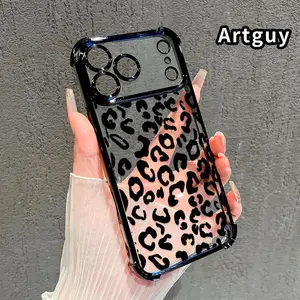 Electroplated Four Corner Anti-Fall Black Vintage Leopard Print Pattern Phone Case for iPhone 17 Pro Max 16 Air 15 Plus 14 13 12 11 E Shockproof Transparent Protective Cover