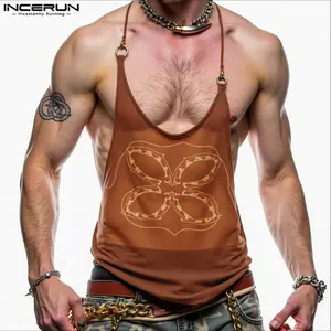 INCERUN Men's Unisex Fashion Sheer Mesh Print Strappy Sleeveless Polyester Spandex Vest - Cut-Out, Mesh Detail, Breathable Soft Fabric, Ideal for Nightclub, Vacation Wear, Cut-Out Vests, Mesh Detail Vests