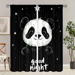 1 set of two-piece polyester modern panda cartoon semi blackout printed curtains -, semi transparent pole bag window panel, machine washable unlined curtains, Home Decoration Curtain, suitable for semi blackout decoration in bedrooms and children's rooms