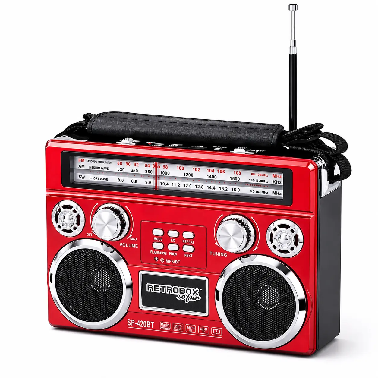 Vintage Red Portable Wireless Speaker, 3-Band AM/FM/SW Retro Radio with Built-In Flashlight, Rechargeable Classical Red Boombox with Premium Leather Handle & Telescoping Antenna