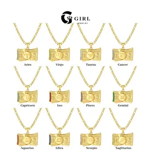 GGIRL 14K Gold Plated Dollar Zodiac Necklace Shaped like a US dollar bill with 12 zodiac signs embossed in the center and colored zircon stones corresponding to the zodiac signs set on the sides American hip-hop retro street style unisex.