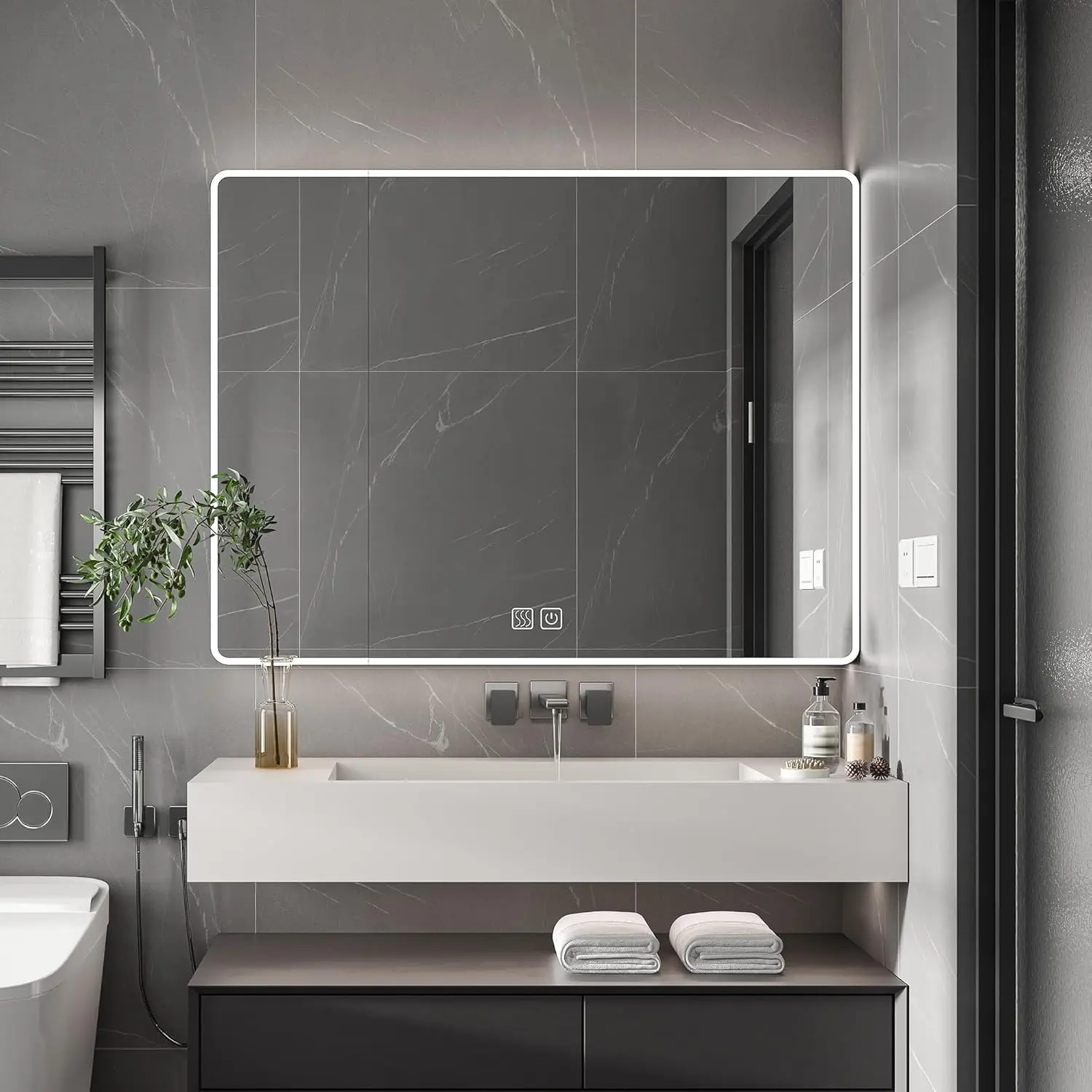 Medicine Cabinet Mirror with 3 Colors LED Light, Defogging Function, Cosmetic Storage Rack & Hair Dryer Holder, Large Bathroom Mirror Cabinet, Aluminium, 35.4 x 27.6 Inches,Grey