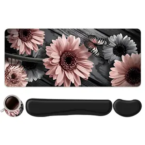 4pcs Pink Gerbera with Butterfly Design Mouse Pad, Keyboard Wrist Rest, Ergonomic Mouse Pad, Coaster Set For Desktop Decoration, Office Accessories Set, Suitable For Home Office Gaming, Gaming Mouse Pads