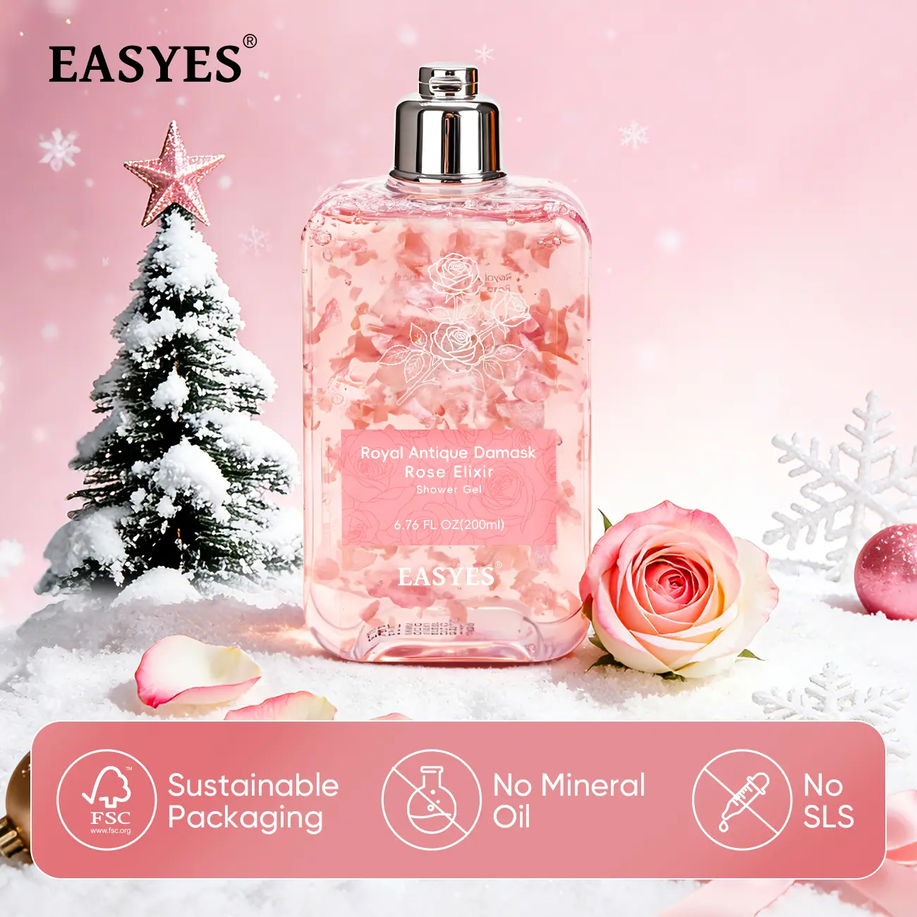 Easyes Royal Antique Damask Scented Body Wash - Bulgarian Rose Oil, Rose Petals, Natural Extract Cleanser - Refreshing Bath & Body Cleansing Product for Women, Men, Bath Products, Body Cleansing Products