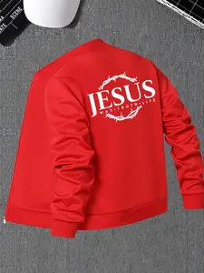 Men's Jesus Print Zip Up Jacket, Regular Fit Casual Fashion Long Sleeve Outerwear for Spring & Fall, Men's Clothes for Daily Wear, Coats