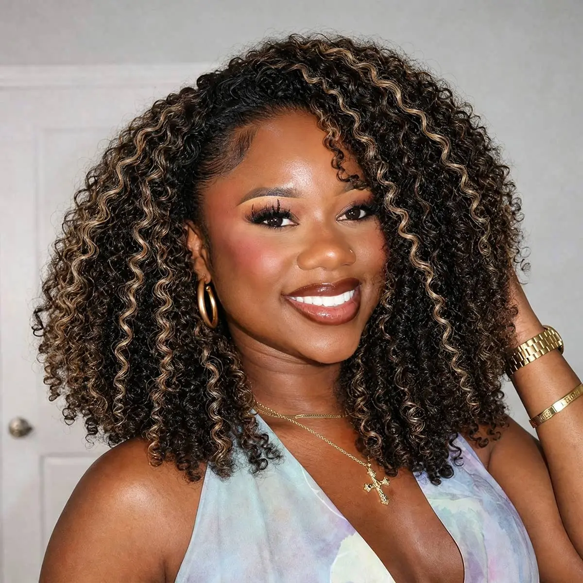 OQ HAIR 1B/30 Ombre Half Wig Kinky Curly 180% Density Highlight 3 in 1 Seamless Flip Over Half Wig Glueless Headband Wig Human Hair