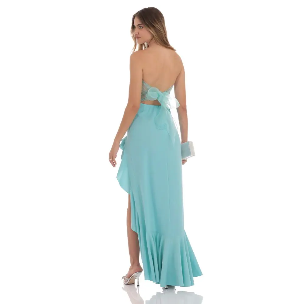 Strapless Back Bow Corset Maxi Dress in Aqua Blue