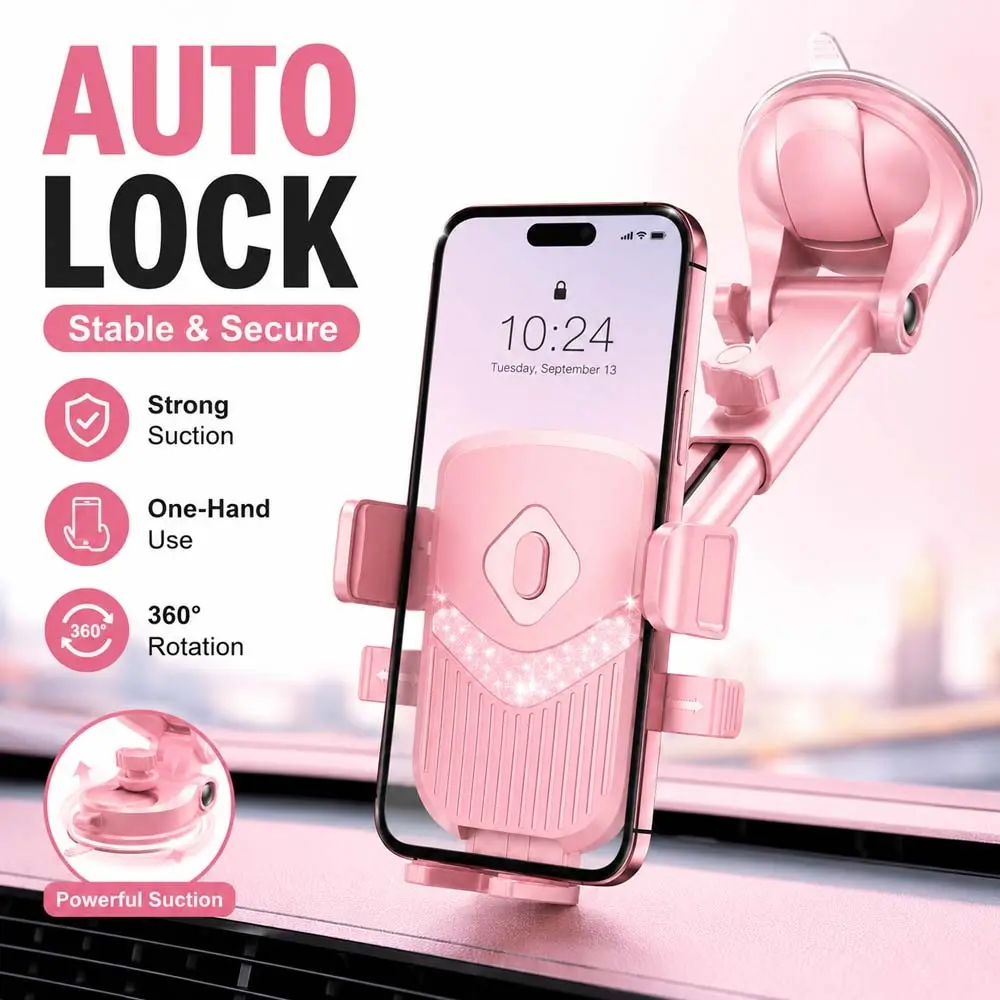 Car Dashboard Phone Holder, Car Phone Holder with Strong Suction Cup, Powerful Car Mount, 360° Rotatable Windshield Mount, Universal Cell Phone Holder for Car & Desk, Secure Smartphone Mount, Car Phone Stand, Car Cellphone Mount, Car Accessories