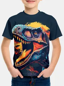 Kids' 3D Digital Print Short Sleeve T-Shirt, Unisex Dinosaur Pattern, Casual Round Neck Top, Vintage Street Style, All Seasons, Cute Graphic Tee