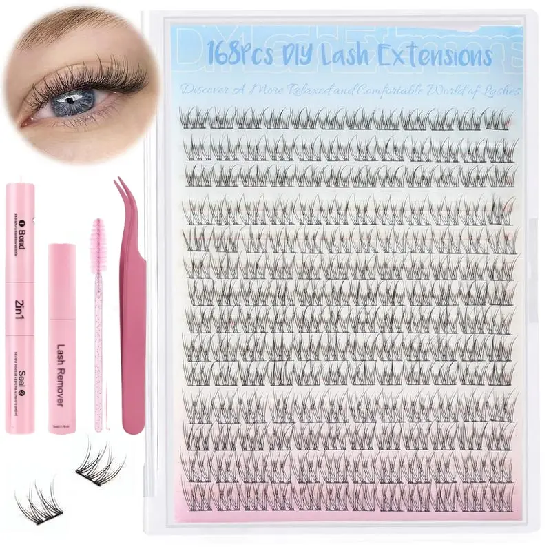 Natural Lash Clusters Kit DIY Lash Extension Kit Wispy Fluffy Eyelash Extension Kit C-curly Individual Lashes Kit 9-12MM Short Eyelash Clusters with Lash Applicators All-in-One-Kit Makeup Cosmetic