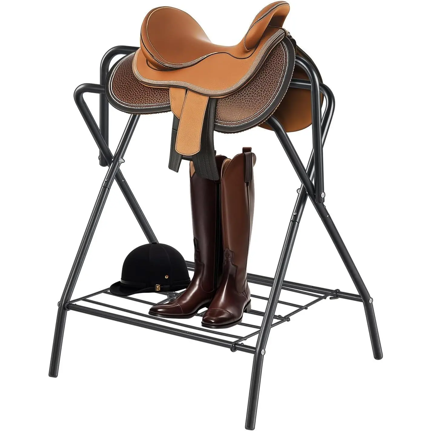 VEVOR Folding Saddle Rack, Freestanding Horse Saddle Stand, Portable Horse Blanket Holder, Heavy Duty Steel Saddle Rack for English & Western Saddles, Tack Storage, 28 x 19 x 37.5 in, Black