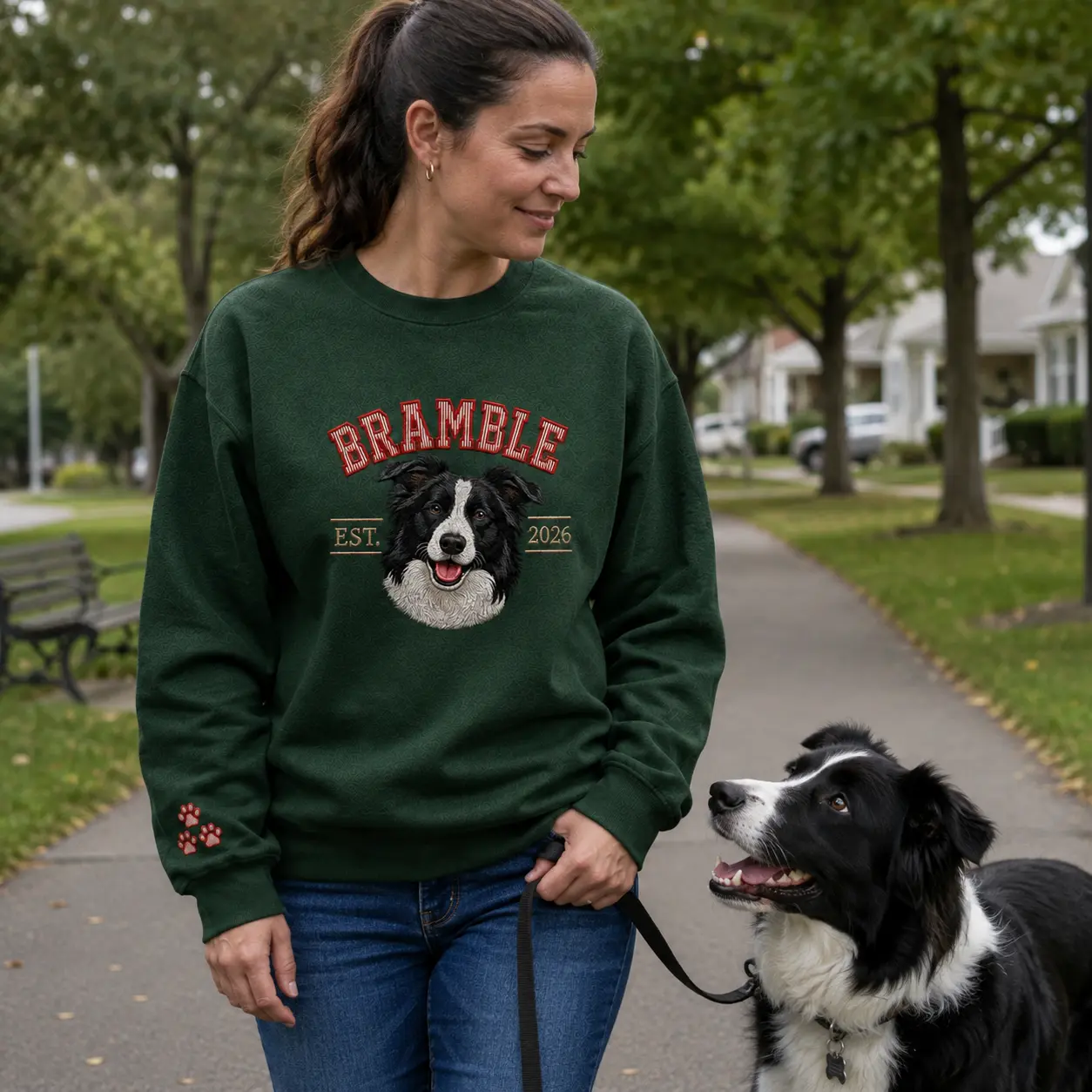 Custom Embroidered Pet Portrait Sweatshirt with Sleeve Paw Prints Dog Lover Gift