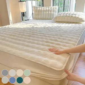 Luxury Faux Rabbit Fur Bedding Set, Soft Warm Fitted Sheet with 1/2 Pillowcases, Solid Color 3-Piece Bed Sheet Set, All Season Cozy Plush Bedding for Bedroom, Dorm, Sofa & Guest Room, Ideal Holiday Christmas Gift