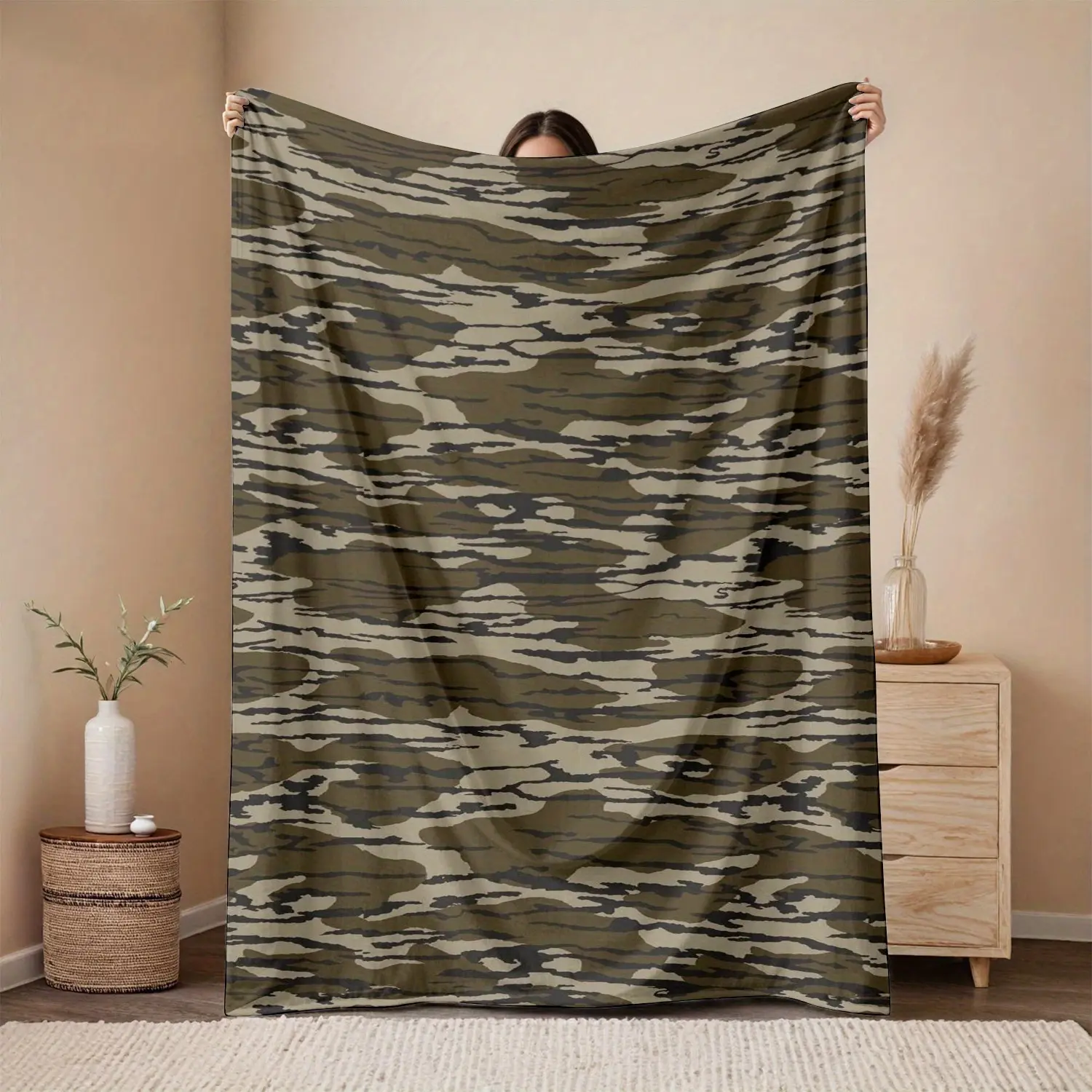 1pc  Home Camouflage, Brown, Wood Texture, Natural, Neutral Tone Pattern Large Flannel Blanket, Sofa, Bed Blanket, Car Blanket, Outdoor Garden Warm Blanket