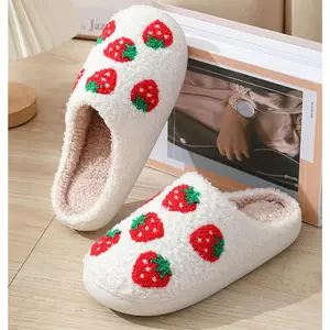 Women's  Fluffy Plush Slippers - Cute Cartoon Animal House Slippers - Cuddly Warm Indoor/Outdoor Fuzzy Memory Foam Retro Home Couple Shoes Soft Strawberry Footwear